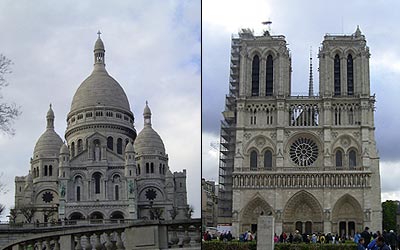 Die beiden bekanntesten Kirchen in Paris: Sacre Coeur, das Astrid am Schönsten findet, und Notre Dame, das mir besser gefällt.